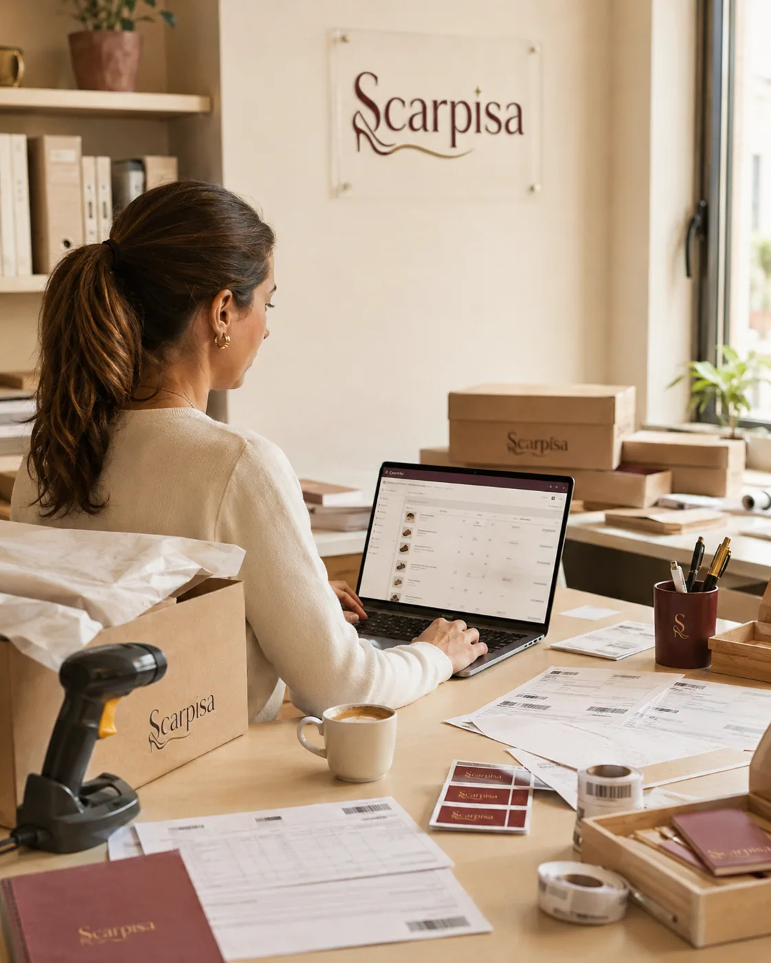 Postazione di gestione ordini Scarpisa con pacchi e laptop