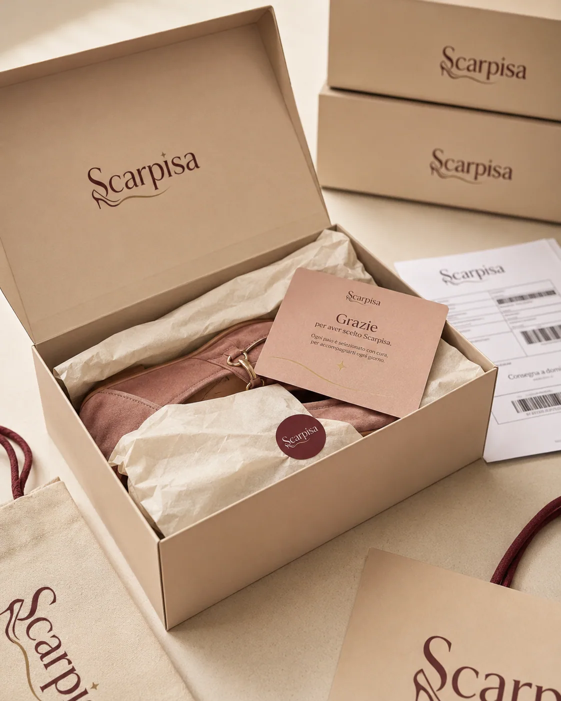 Packaging Scarpisa: scatola in cartone con biglietto Grazie e shopping bag bordeaux