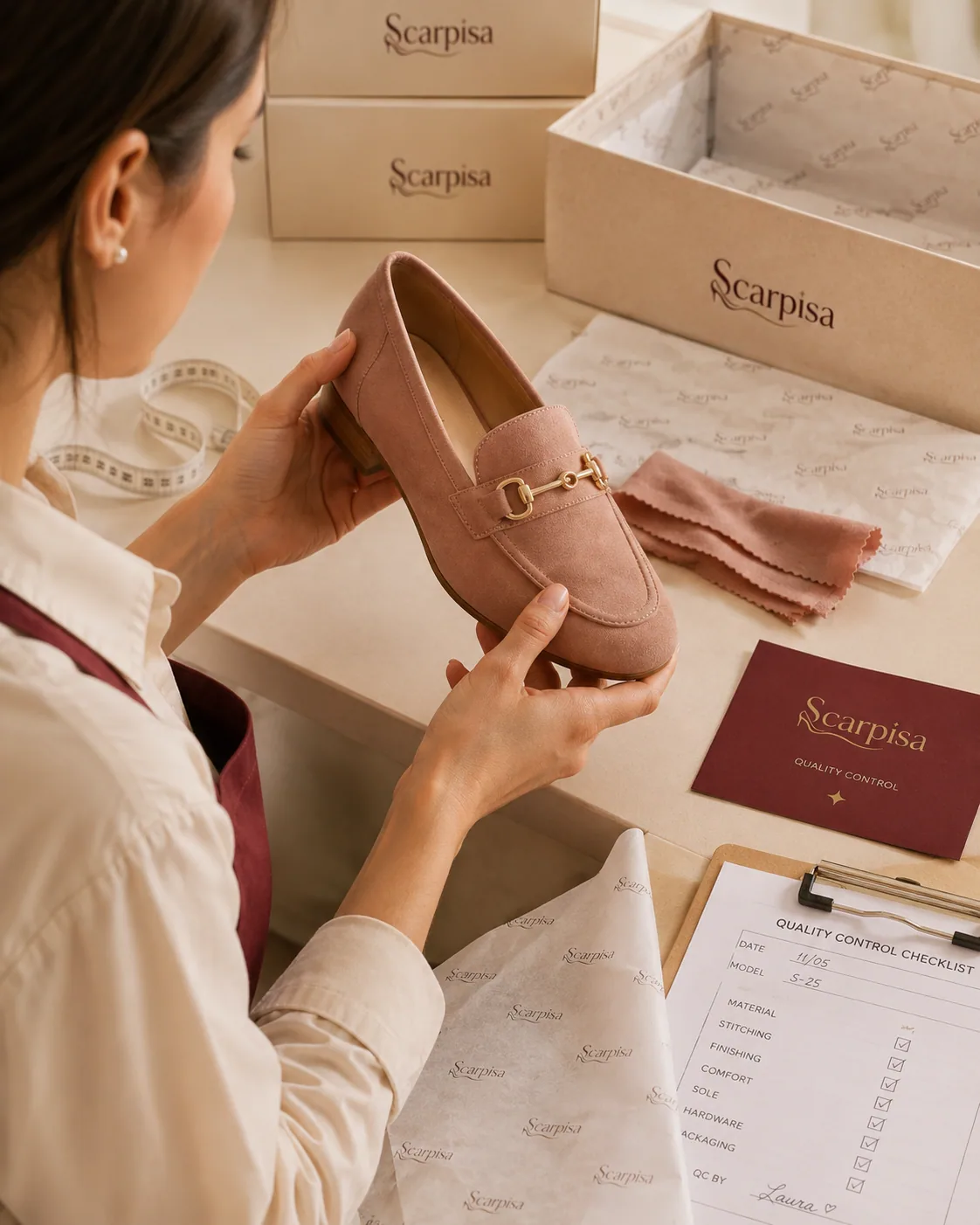 Controllo qualità di un mocassino Scarpisa con checklist